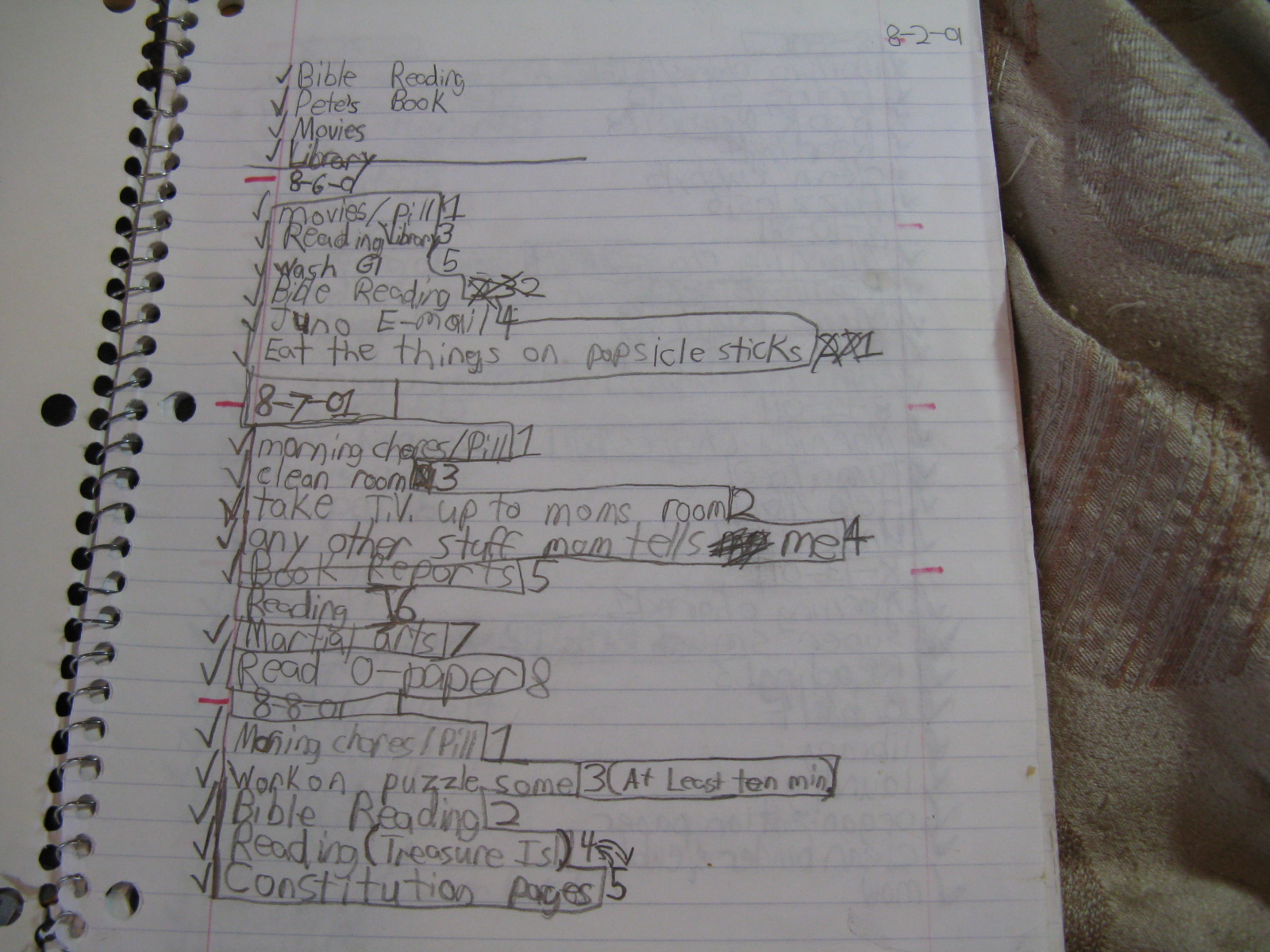 child's organized notebook schedule