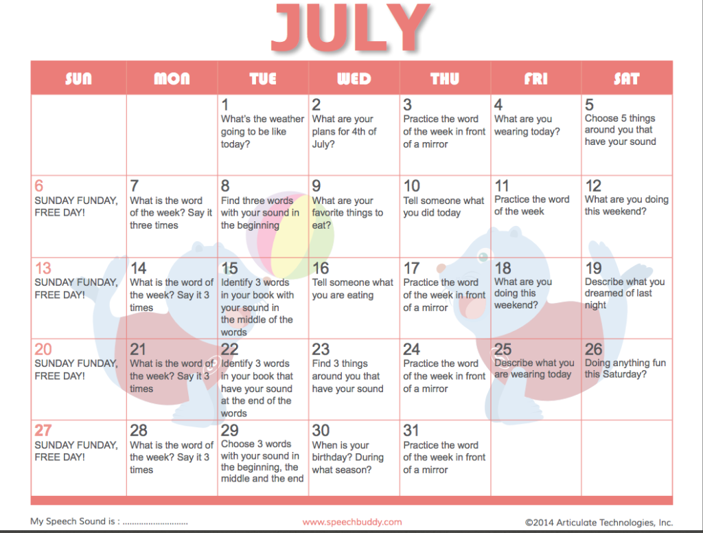 Speech Buddies Summer Fun Activities Calendar