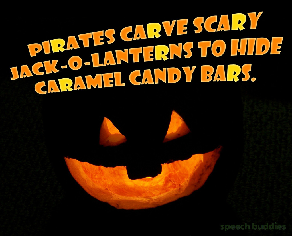 Halloween Language Activities: pirates carve scary jack-o-lanterns to hide caramel candy bars