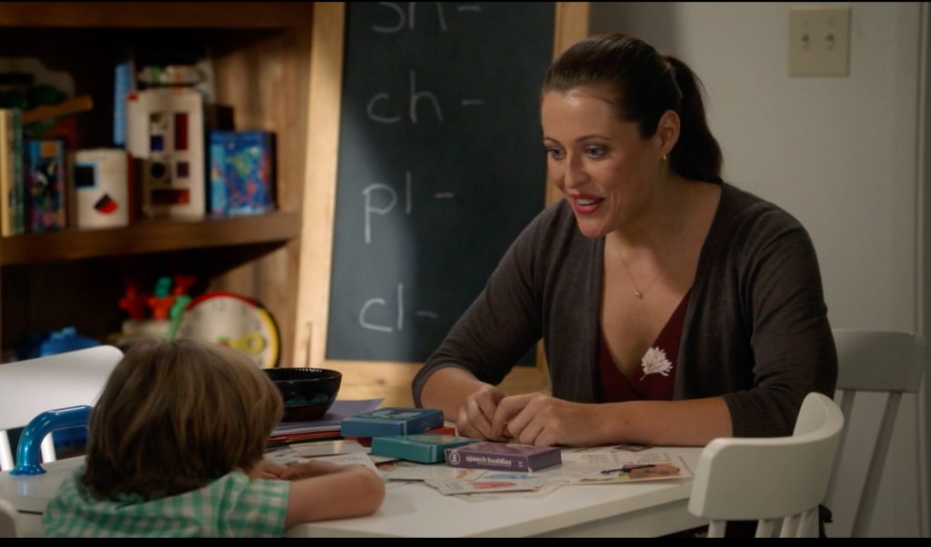 Gloria (Sofia Vergara) and Joe (Jeremy Maguire) practice with Speech Buddies!